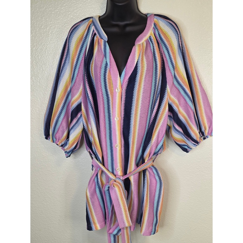 Bloomchic Multicolor Striped Knit‎ Cardigan Top Puff Sleeve Tie Waist NWT US 12